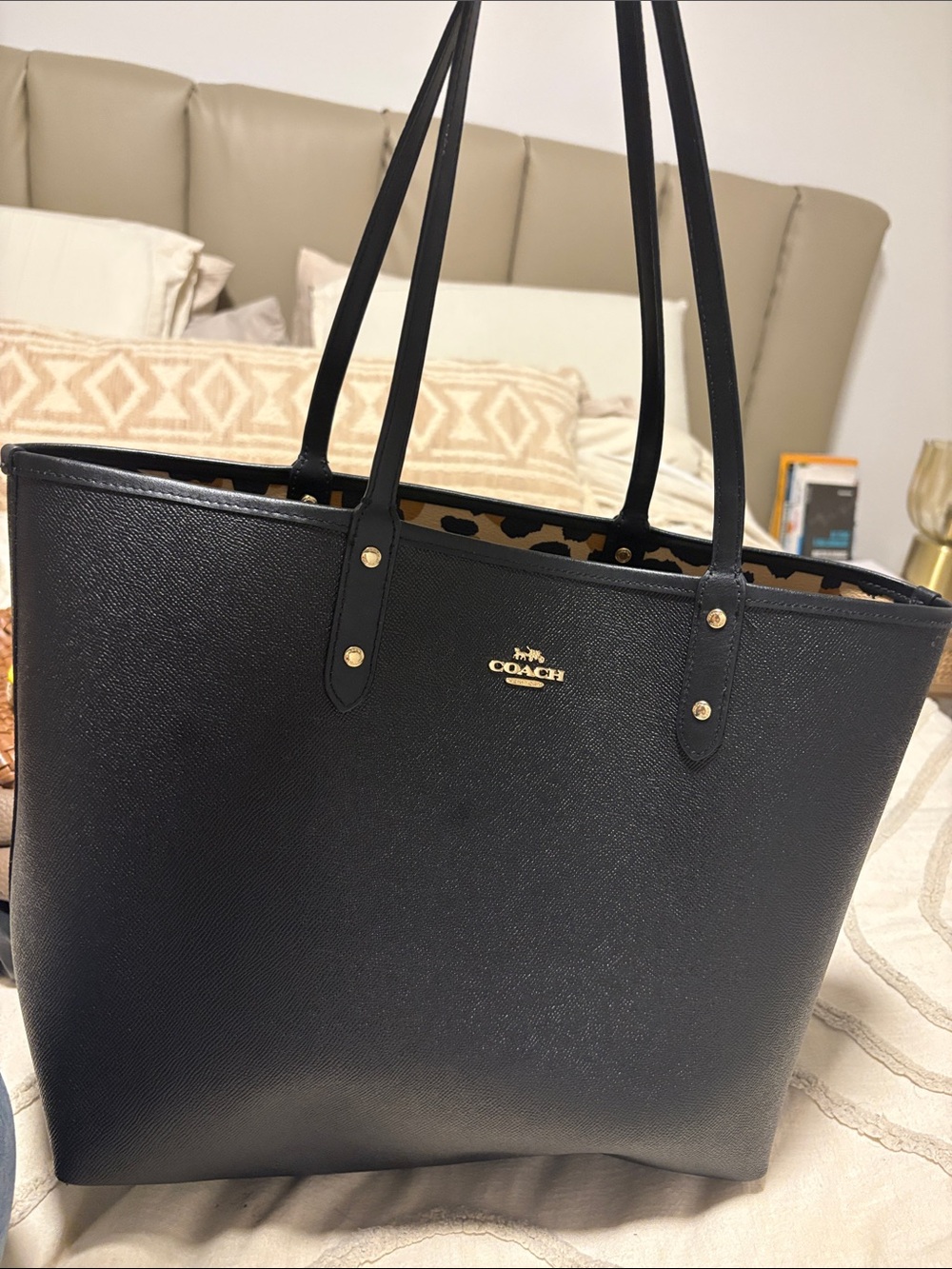 Coach Black Leather Tote with Gold Logo and chita/ Leopard